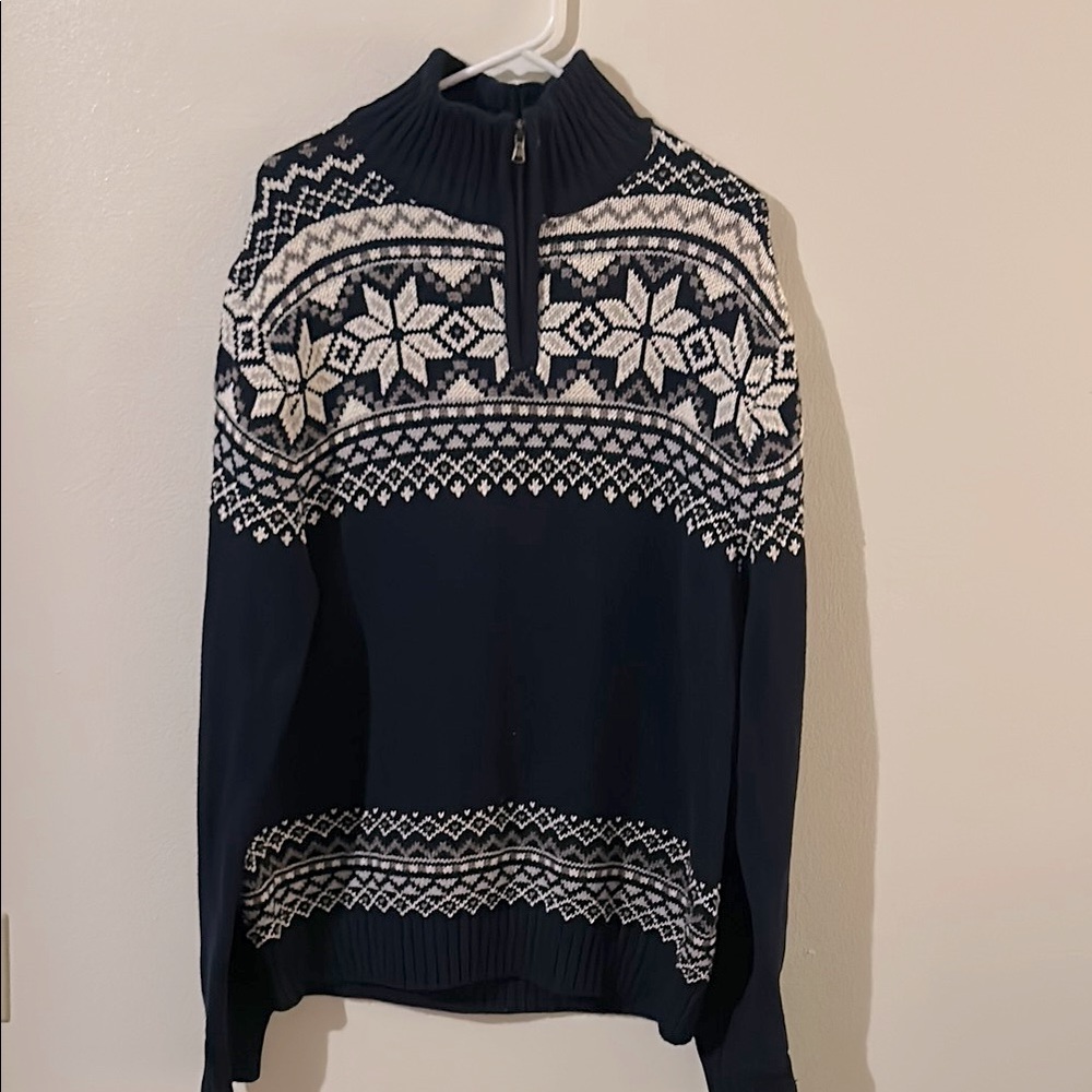 Classic Navy Blue/White Alpine Nordic Fair Isle Heavy Cotton 1/4 Zip Sweater